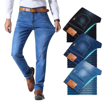 Klasik Stil Erkekler Marka Kot Iş Rahat Streç Ince Denim Pantolon Açık Mavi Siyah Erkek