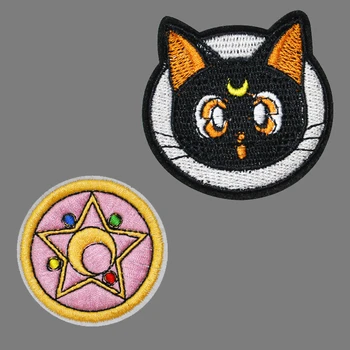 Yeni Yuvarlak Kedi Giyim için Nakış Yamaları DIY Çizgili Aplikler Giysi Çıkartmalar Demir on Ay Kedi Pentagram Rozetleri
