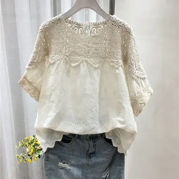 Pamuk nakış içi boş kısa kollu gömlek kadın 2023 yaz Kore tasarım moda anlayışı mizaç casual tops beyaz