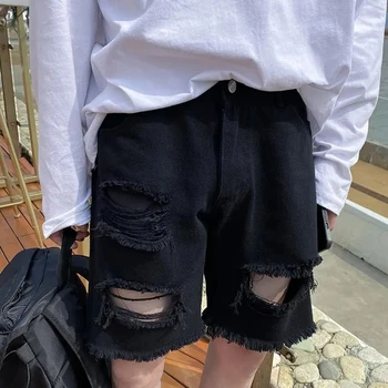 Erkek Yaz Moda Marka Siyah Fırçalanmış Yırtık Kot Sıcak Tarzı Moda Gevşek Kırpılmış Pantolon Moda Tüm Maç Sokak Rahat Şort