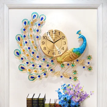 3D Büyük duvar saati Ev Dekorasyon Braketi Saat Modern Tasarım Duvara Monte Sessiz Saat Tavuskuşu Desen Asılı İzle El Sanatları AB