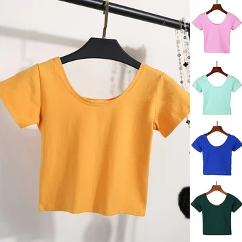 Kadın Kırpma Üst Yaz Nefes Streç Kısa Kollu Düz Renk İnce Yuvarlak Boyun T Shirt Bayanlar Moda Kazak Düz Yelek