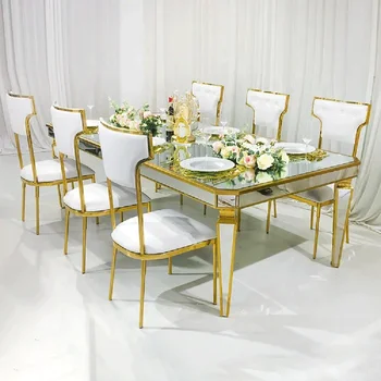 dikdörtgen ayna cam altın yemek masası metal paslanmaz çelik olay düğün masa