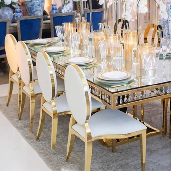 6 adet) fabrika altın metal chiavari sandalye otel metal yemek masası seti düğün ve etkinlik için