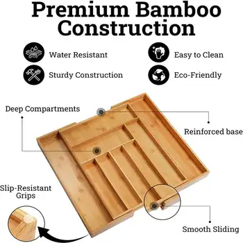 Muhteşem %100 % Saf Bambu Ayarlanabilir Çekmece Tepsisi mutfak eşyası Depolama Genişletilebilir Çatal Bıçak takımı Organizatör için Mükemmel Gümüş