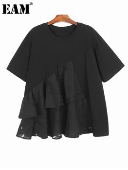 [EEM] Kadınlar Siyah Ruffles Dantel Büyük Boy günlük t-shirt Yeni Yuvarlak Boyun Kısa Kollu Moda Gelgit Bahar Yaz 2023 1DF6024