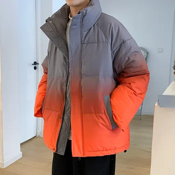 Sonbahar Kış erkek Rahat Pamuk Dolgulu Ceketler Degrade Renk Kalın Sıcak Parkas Gençlik Dış Giyim Gevşek Üst Standı Yaka Mont