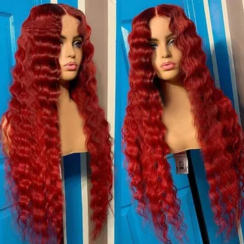 Kırmızı Su Dalgası Dalgalı 13x4 Dantel Ön insan saçı peruk Brezilyalı Bakire Kıvırcık Dantel ön peruk %180 Yoğunluk