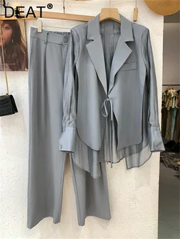 DEAT Moda Ofis Bayan Takım Elbise İki parçalı Set Kadın Dantel-up Patchwork Örgü Ceket Eğlence Gevşek Pantolon 2023 Yaz Yeni 11XX2576