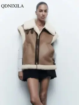 Kış 2023 Yeni Outerwears kadın Yelek Mont Yastıklı Şık Kolsuz Moda Sokak Stili ısıtmalı Yaka Deri Kürk Ceket