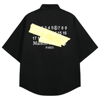 Klasik Siyah Beyaz Mm6 Margiela Kısa kollu Gömlek Amerikan Sokak Dijital Mektup Baskı Düğmesi Gömlek Yaz Çift Üst Tee