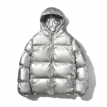 Erkek Parlak Gümüş Kaplı Metalik Streetwear Kış Kapüşonlu Ceket Ceket 2021 Bahar Yeni Harajuku Kalınlaşmak Sıcak Ceket Dış Giyim