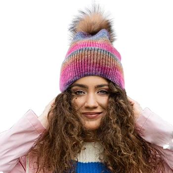 Yeni Doğal Kürk Pom Pom Şapka Kadın Hop Kış Spor Kapaklar Sıcak Degrade Renk Kayak Elastik Kap Kalınlaşmak Hedging Şapka