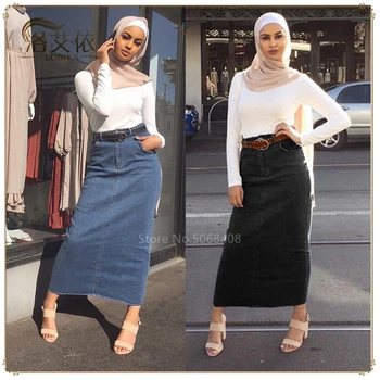Müslüman kadın Denim Dubai Uzun kalem etek Elbise Başörtüsü Türk İslam Giyim Yüksek Bel Arap Sıkı Etek