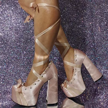 2023 Yeni Seksi İpek Tıknaz Topuklu Çapraz kayış Lolita Pompaları Kadın Yuvarlak Ayak Papyon Kalın Platform Taban Parti Elbise Ayakkabı Sandalet
