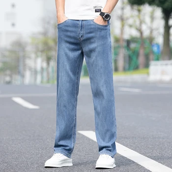İnce Yumuşak Lyocell Kumaş High-end Gevşek Düz Bacak erkek Kot Pantolon 2023 yazlık pantolonlar Açık Mavi Kot Büyük Boy