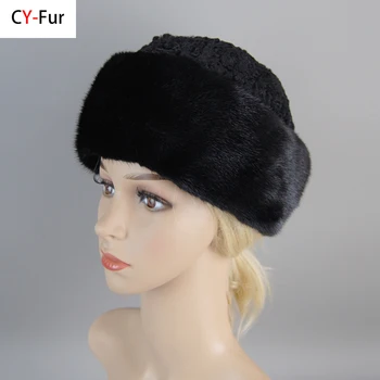 Gerçek Hakiki Vizon Yün Şapka İle Kış Rus kadın Sıcak Kapaklar Bütün Parça Vizon Koyun Kürk Şapka Kadın Rahat Açık Vizon Şapka