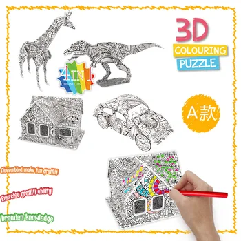 Çocuk DIY Graffiti Çeşitli Hayvan Dinozor Araba Ev Boyama 3D Üç boyutlu Bulmaca Oyuncak Graffiti Bir