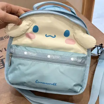 Lesportsaced Cinnamoroll Anime Ortak Markalı Sevimli kız çocuk çantası Çanta Tote Çanta Öğrenci omuzdan askili çanta Crossbody Çanta peluş oyuncak Kız için