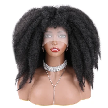 14 İnç Kısa Kabarık Afro Marley Büküm örgü saç peruk Sentetik Afro Kinky Büküm Dantel ön kahküllü peruk Kadınlar İçin