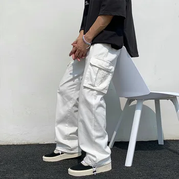 Erkek Kargo Pantolon Yaz İnce Rahat Cepler Retro Moda Yüksek Sokak Gevşek Harajuku Streetwear Erkek Pantolon Basit Giysiler