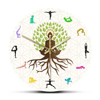 Lotus Poz Ağacı Dekoratif duvar saati Doğal Enerji Meditasyon Duvar Sanatı Yoga Stüdyosu Hayat Ağacı Renkli Baskı duvar saati