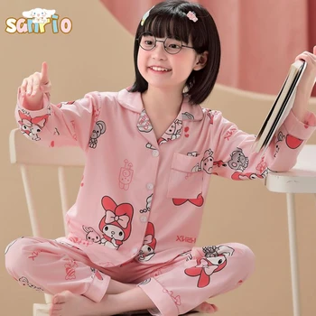 Kawaii Sanrio Kuromi Cinnamoroll Benim Melodi çocuk Uzun kollu Pijama İlkbahar Sonbahar Kızlar Rahat Pamuklu Ev Pijama Seti Hediye