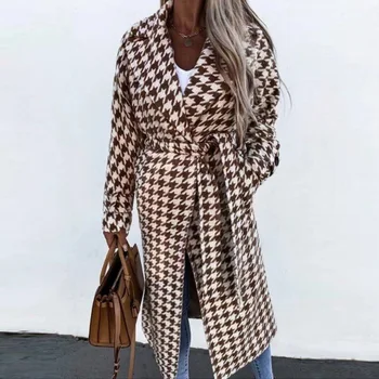 Zarif Yaka Kadın Vintage Ceketler Dış Giyim Sonbahar Kış Uzun Kollu Balıksırtı Palto Rahat Gevşek Kuşaklı Palto Streetwear