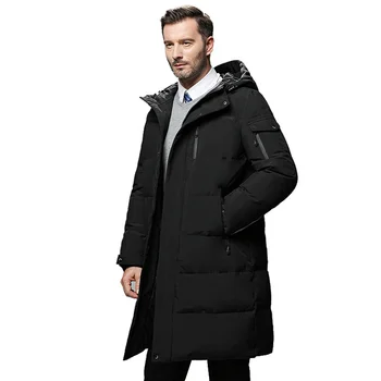 Kış Uzun Beyaz Ördek Aşağı Ceket Erkekler Düz Renk Su Geçirmez Kapşonlu Moda Rahat Sıcak Kalın Ceket Erkek Büyük Boy M-5XL Siyah
