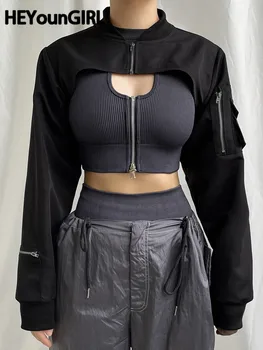 HEYounGIRL Süper kısa Siyah Ceket Fermuar Uzun Kollu Harajuku Kırpılmış Tshirt Gotik Techwear Moda Kore Tee Punk Sokak