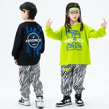 Çocuk Hip Hop Streetwear Kız Dans Gevşek Kostümleri Baskı Uzun Kollu Tişört ve pantolon seti Erkek Kıyafetler Çocuk Caz Performansı