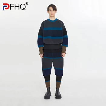 PFHQ Moda Yeni erkek Pilili Triko Kalınlaşmış Iki parçalı Setleri Kazak Kazak Elastik Pantolon Kat Tasarım Japon Tarzı 9C965