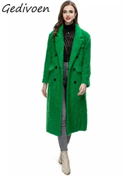 Gedıvoen Bahar Sonbahar Moda Tasarımcısı Yeşil Vintage Uzun Karışımları Ceket kadın Yaka Düğmesi Sahte Cep Bölünmüş Kalın Karışımları Ceket