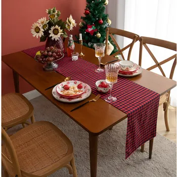Ev Noel Süslemeleri Masa Koşucular Kırmızı Ekose Pamuklu Kumaş yemek masası Masa Örtüsü Güz Masa Koşucu Kahve masa süsü