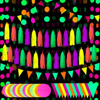 Glow Neon parti malzemeleri Neon kağıt çelenk püsküller üçgen bayrakları kiraz Kuşu doğum günü partisi düğün siyah ışık reaktif UV dekor