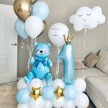 45 adet pembe Mavi Ayı Folyo Balonlar Set Taç Numarası 1 Balon Erkek Kız 1st İlk Doğum Günü Partisi Globos Bebek Duş Süslemeleri
