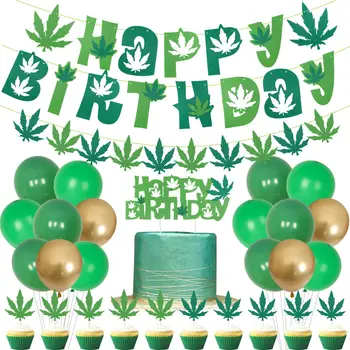 JOYMEMO Yeşil Yapay Yapraklar Temalı Doğum Günü Süslemeleri Yeşil Balon Yaprak Kek Topper Afiş Doğum Günü Partisi Malzemeleri