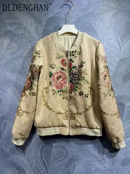 DLDENGHAN Sonbahar Ceket Kadın O-Boyun Fener Kollu Kristal Boncuk Vintage Palto Moda Tasarımcısı Yeni