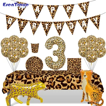 1 Takım Leopar Baskı Parti Sofra Tabaklar Peçeteler Bardaklar Masa Örtüsü Jungle Safari Mutlu Doğum Günü Dekor Afiş Bayrak Cheetah Balon
