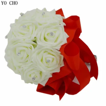El yapımı Fildişi beyaz düğün buket kırmızı ipek kristal gelin buketi rhinestone buket malzemeleri düğün gül çiçek toptan