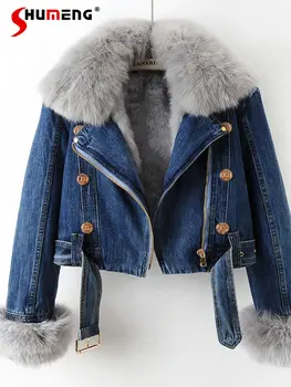 2022 Sonbahar Kış Yeni Lüks Tilki Kürk Yaka Tavşan Kürk Astar Denim Ceket Kadın Moda Metal Düğmeler Kısa Jean Ceket Casacos