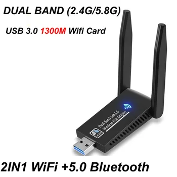 USB 3.0 WiFi Bluetooth 5.0 Kablosuz Ağ Kartı 1300M 802.11 ac Adaptörü AC1300 Anten Çift Bant Dizüstü PC Dongle