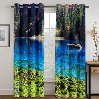 Doğal Manzara Kar Dağ Göl Orman Bulut Günbatımı Şelale 3D baskılı Perdeler Yatak Odası için Otel Stüdyosu Pencere 2 Paneller