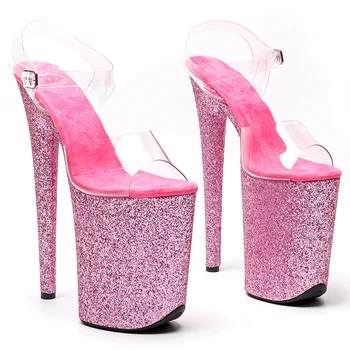 Leecabe 23 CM/9 inç PVC üst Glitter Platformu Seksi Yüksek Topuklu Sandalet Kutup Dans ayakkabıları