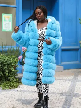 JANEFUR Kürk Ceket Kadınlar Hood ile 2023 Uzun Lüks Gerçek Tilki Kürk Özel Toptan Kalın Sıcak kışlık palto