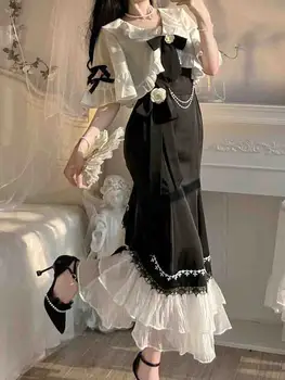 Fransız Vintage Peri Mermaid Elbise Kadınlar Dantel Kore Parti Prenses kemerli elbise Kadın 2023 Bahar Mahkemesi Tatlı Lolita Midi Elbise