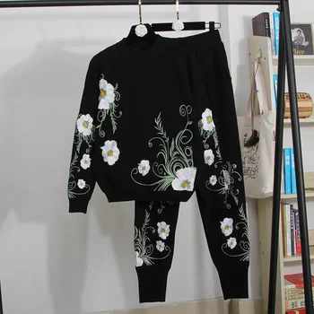 Sonbahar Kore Moda Nakış Çiçek Örme Eşofman Kadın İki Parçalı Kıyafetler Gevşek Örgü Kazak Kazak pantolon seti Kadın