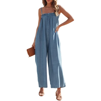 Denim Romper Kadın Tulum 2000s Düz Renk Mavi Spagetti Kayışı Baggy Kolsuz Önlük Pantolon Geniş Bacak Pantolon Yaz Tulum