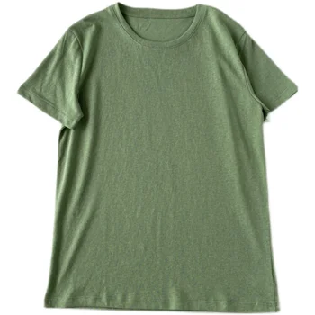 Gevşek Pamuk ve Keten kısa kollu tişört kadın Şantuk Pamuk Düz Renk yuvarlak Boyun Üst Dip Gömlek