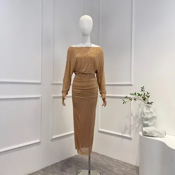 2023 Kadın Moda Haki Seksi İnce Sequins Çapraz Yaka Orta buzağı yaz elbisesi